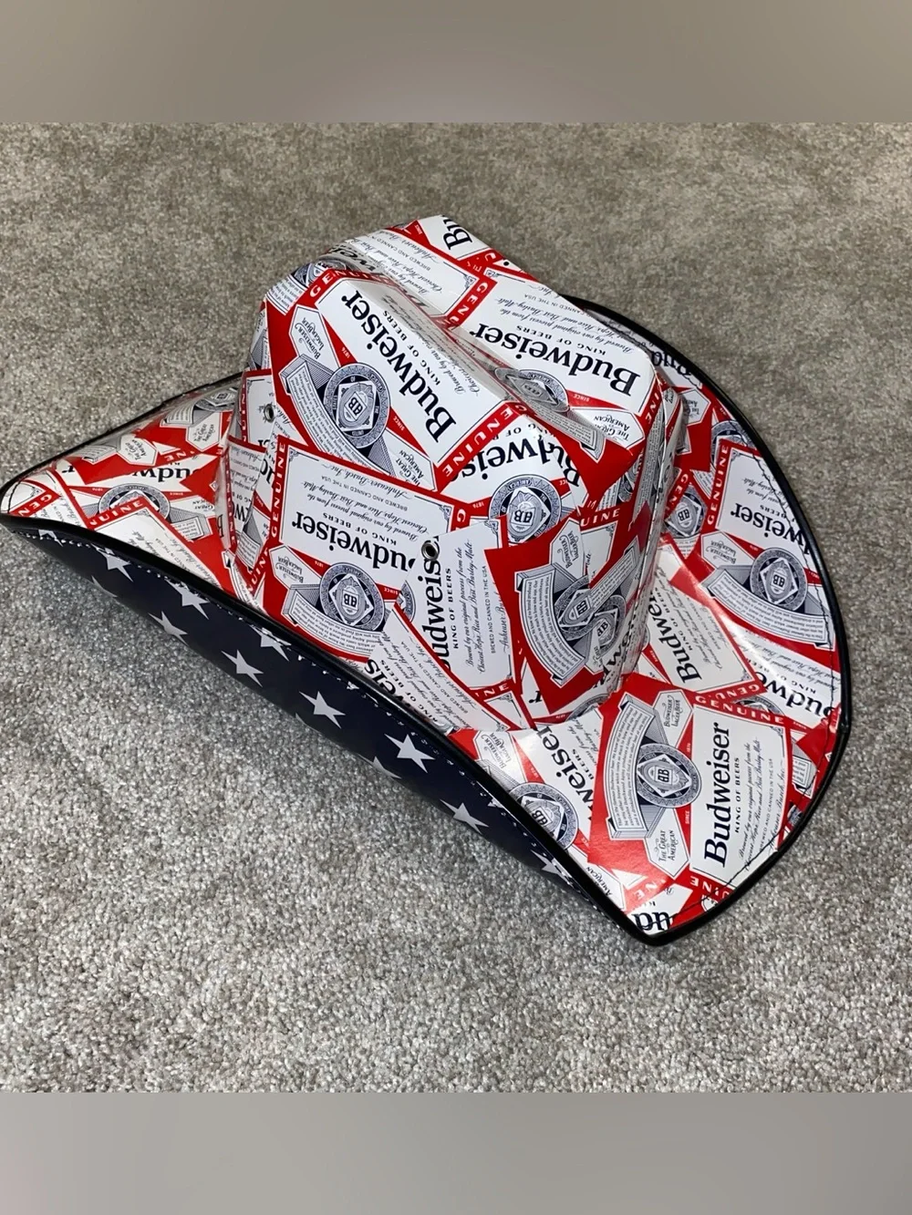 Budweiser Beer Label Cardboard Cowboy Hat Red, White & Blue Adult Unisex